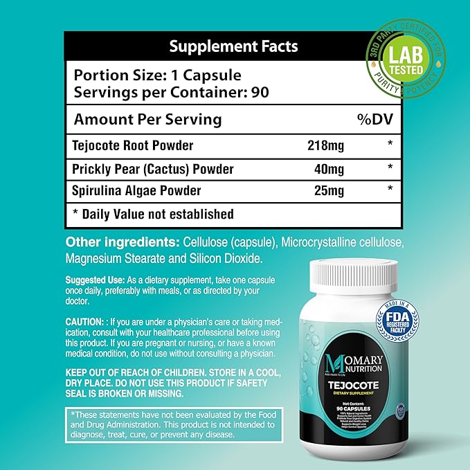 Tejocote Root Herbal Dietary Supplement, Spirulina Algae Powder, Nopal Prickly Pear Cactus Powder, Natural and Healthy Detox and Weight Loss Support, Ultra High Purity, 3rd Party Tested, 90 Capsules