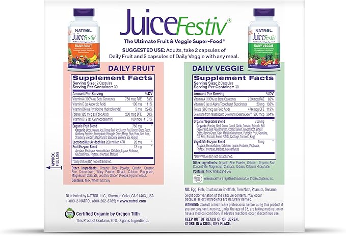 Natrol JuiceFestiv, The Ultimate Fruit and Veggie Super-Food to Support Balanced Nutrition and Overall Well-Being, Plus Antioxidants for Cellular Health, 60 Capsules (2-Count), Up to a 30 Day Supply