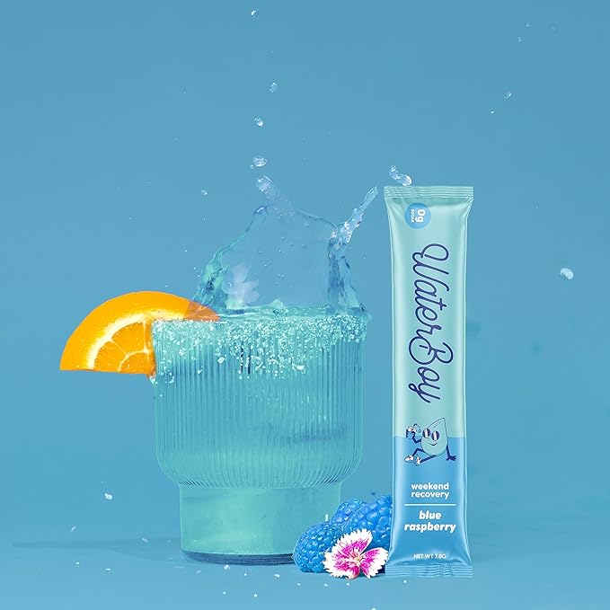 Waterboy Weekend Recovery | 3,200mg Electrolyte Powder Packets | Ginger + L-Theanine + Vitamins | No Sugar, All Natural, Gluten Free | 24 Drink Stick Mixes (Blue Raspberry)