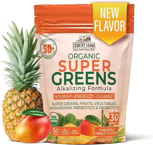 COUNTRY FARMS Super Greens Pineapple-Mango Flavor, 50 Organic 30 Servings