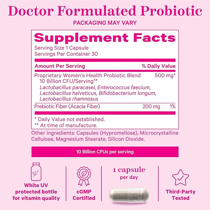 Pink Stork Women's Probiotics for Vaginal Health - 10 Billion CFUs for pH Balance, Urinary Tract, Gut Flora & Immune Health - Supports Vaginal Odor + Healthy Microbiome - 5 Strains - 30 Capsules