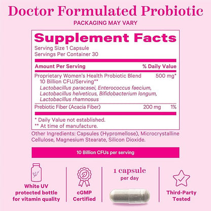 Pink Stork Women's Probiotics for Vaginal Health - 10 Billion CFUs for pH Balance, Urinary Tract, Gut Flora & Immune Health - Supports Vaginal Odor + Healthy Microbiome - 5 Strains - 30 Capsules