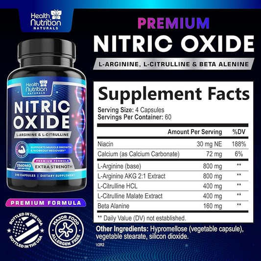 Extra Strength Nitric Oxide Supplement L Arginine 3X Strength - Citrulline Malate, AAKG, Beta Alanine - Premium Muscle Supporting Nitric Booster for Energy & Strength to Train Harder - 240 Capsules