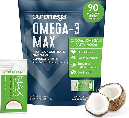 Coromega MAX High Concentrate Omega 3 2400mg Omega-3s Omega-3s with 3X Better 90 Single