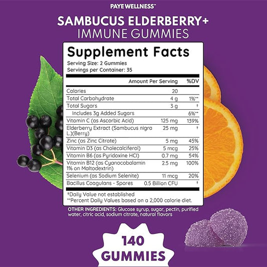 Elderberry Gummies Immune Support, Daily Support for Kids and Adults*, with Sambucus Elderberry, Zinc, Vitamin C, D3, B6, B12, Plus - Dietary Supplement - 140 Count