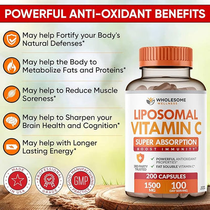 Liposomal Vitamin C Capsules (200 Pills 1500mg Buffered)