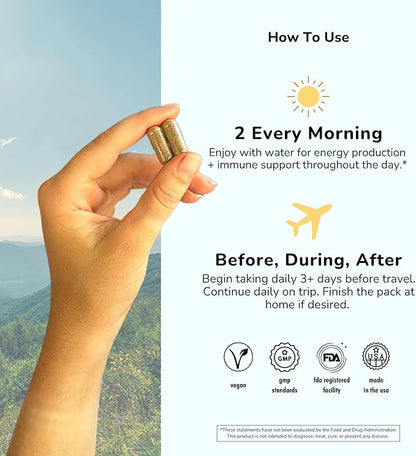 Supplement 2 Pack: Jet Lag Prevention + Ashwagandha, Rhodiola, D3+ for Immune Support, Energy, Digestive Health | Airplane Travel Essentials Multivitamin | Vegan | 120 Count
