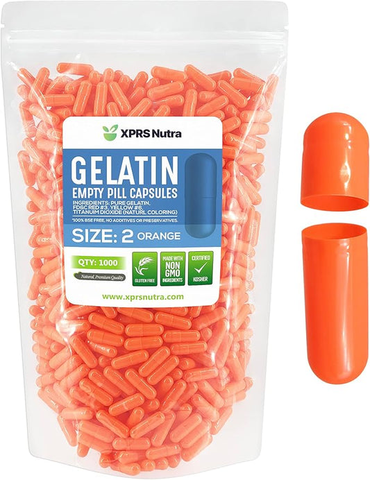 XPRS Nutra Size 2 Empty Capsules - 1000 Count Empty Gelatin Capsules - Empty Pill Capsules - DIY Capsule Filling - Pure Bovine Pill Capsules Empty Gel Caps (Orange)