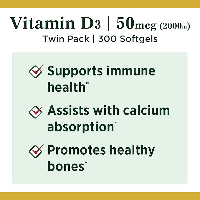 Nature's Bounty Vitamin D3, Vitamin Supplement, 50mcg, 2000IU,150 2000IU,150 Count 2)