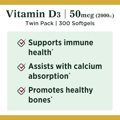 Nature's Bounty Vitamin D3, Vitamin Supplement, 50mcg, 2000IU,150 2000IU,150 Count 2)