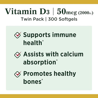 Nature's Bounty Vitamin D3, Vitamin Supplement, 50mcg, 2000IU,150 2000IU,150 Count 2)