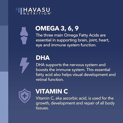 Omega 3 Gummies for Adults Boosted with Omega 6 and Omega 9 - DHA + EPA Plant-Based Fish Oil Alternative - Support Brain & Immune System Function - Orange & Lemon Flavor - 60 Omega Gummies for Adults