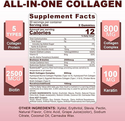 Hydrolyzed Collagen Peptides Gummies 800mg, Sugar Free Multi Peptides Type I II III V & X, Plus Biotin, Keratin & Vitamin for Women Men Healthy Skin Hair Nails, Bone & Joint Support 2 Pack