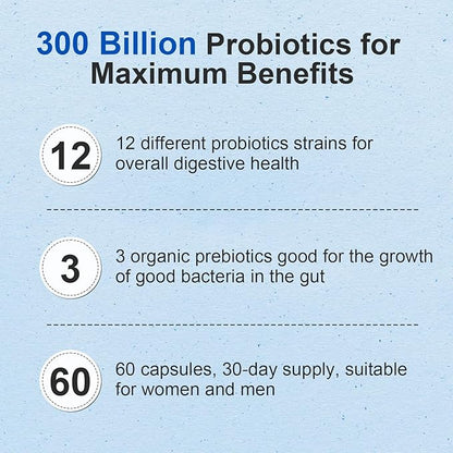 Probiotic 300 Billion CFU - 12 Strains Probiotics with Organic Prebiotics for Digestive & Gut, Immune, Bloating Health - Probiotics for Women and Men - Daily Probiotics Supplement - 60 Counts