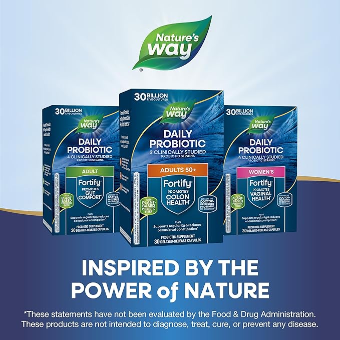 Nature's Way Fortify 50+ Daily Probiotic for Men and Women, 30 Billion Live Cultures, Colon, Digestive, and Immune Health Support* Supplement, 30 Capsules (Packaging May Vary)