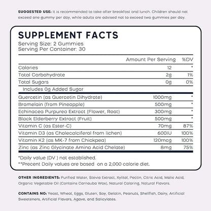 (2 Pack) Quercetin Gummies with Bromelain Zinc Elderberry Vitamin C D3 K2, Quercetin 1000mg Supplement with Bromelain 500mg for Cardiovascular, Immune System & Allergy, Vegan Gummy for Adult & Kid