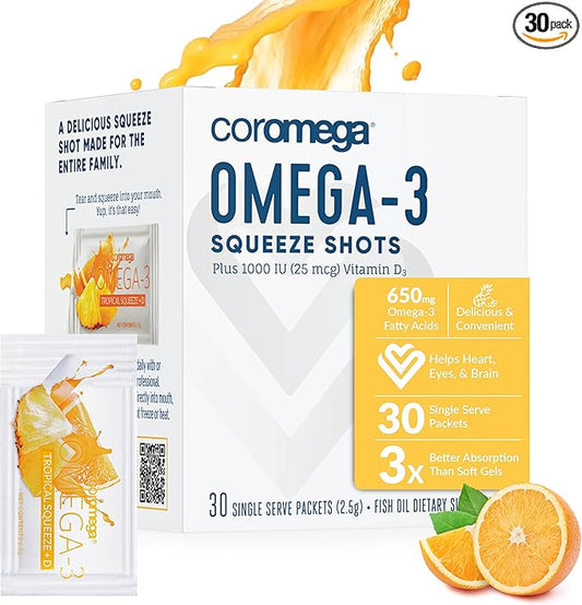 Coromega Omega 3 Fish Oil Supplement D3, 650mg 650mg of Omega-3s with 3X Better 30 Single