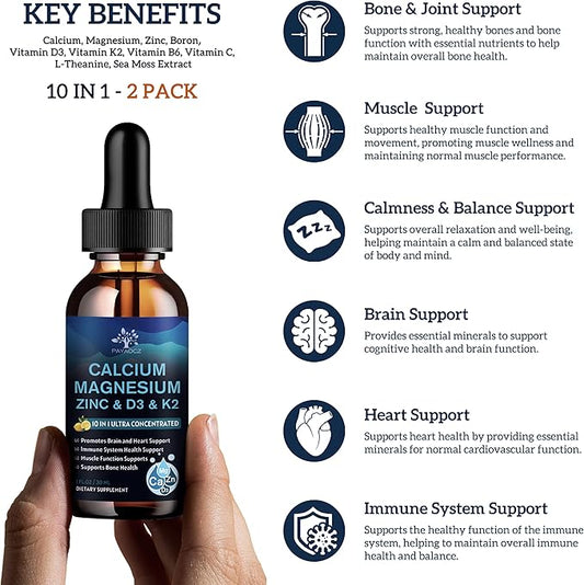 (2 Pack) 10 in 1 Magnesium Calcium Zinc Supplement with Vitamin C D3 K2, Glycinate Mag Vegan Liquid Drops Plus L-Theanine Boron Sea Moss Extract, Immune Support, Bone, Sleep & Leg Cramps, 1 Fl Oz