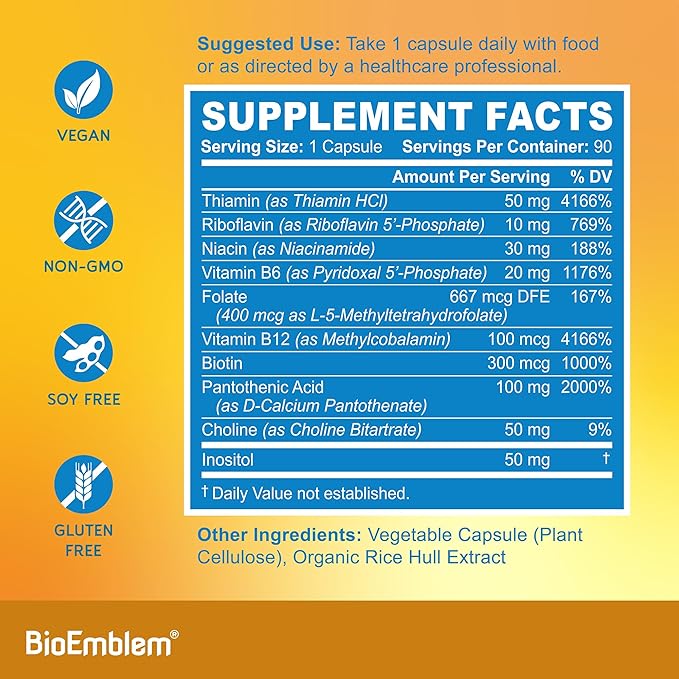 BioEmblem Vitamin B-Complex 8 Active B12, B6, B6, Biotin 90 Capsules