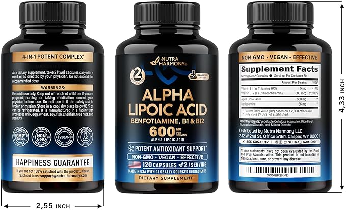 Alpha Lipoic Acid 600mg 4-in-1 with B1 & B12 - 120 Capsules, 2 Month