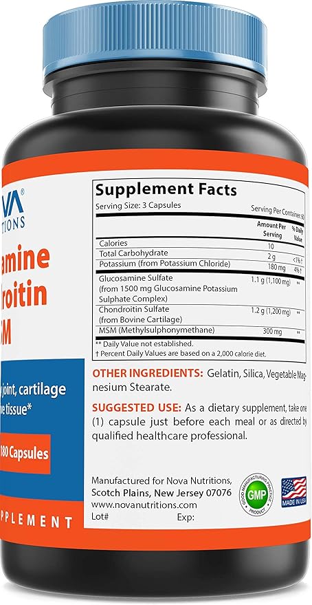 Nova Nutritions Triple Strength Glucosamine Chondroitin 2600mg/Serving Capsules, 180 Count
