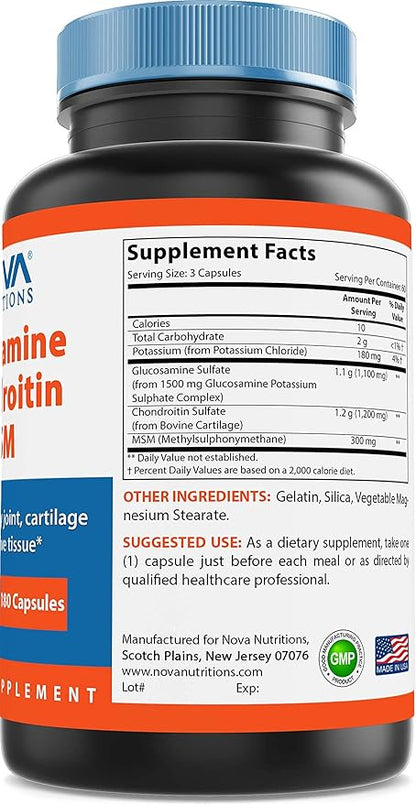 Nova Nutritions Triple Strength Glucosamine Chondroitin 2600mg/Serving Capsules, 180 Count