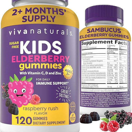 Viva Naturals Sugar-Free Sambucus Elderberry Gummies for Kids, 8-in-1 Children Immune Support with Vitamin C & Zinc – Chewable, Vegan & Gluten-Free (120 Count) for Daily Wellness
