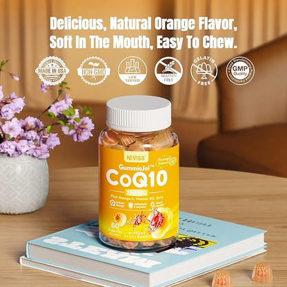 Sugar-Free CoQ10-250mg / 500mg Filled Gummies - Plus Omega-3, EPA + DHA, B3 & Zinc - Ultra Co Q-10 Supplements for Hear-t Health, Cellular Energy, Antioxidant Support, Up to 60 Day Supply, Vegan 60Cts