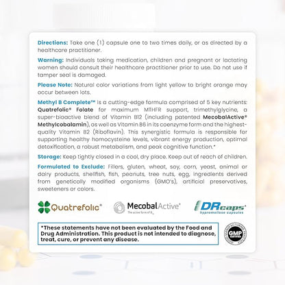 Methyl B Complete 5-MTHF Folate B12 Methylcobalamin, B2, B6 B6 & 120 Vegan