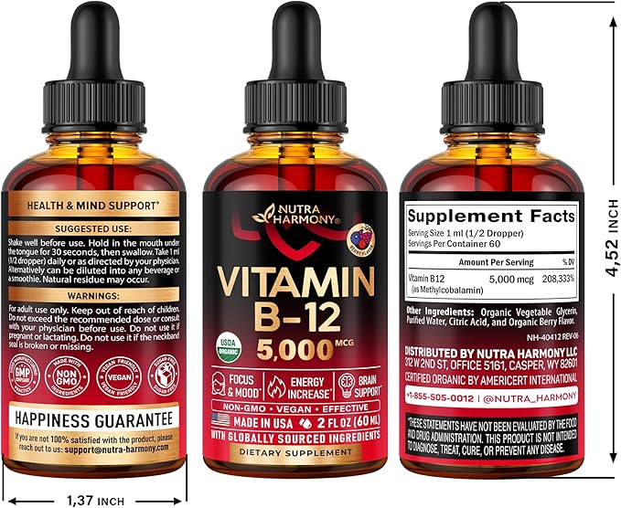 USDA Organic Vitamin B12 Sublingual Drops 5000 mcg 2 Month 2 fl