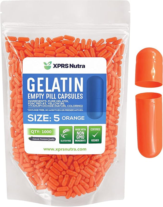 XPRS Nutra Size 5 Empty Capsules - 1000 Count Very Small Empty Gelatin Capsules - Empty Pill Capsules - DIY Capsule Filling - Fillable Pill Capsules Empty Gel Caps (Orange)