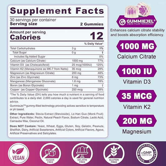 Sugar-Free Calcium Citrate Gummies 1000mg w/Vitamin D3 K2, Magnesium, Zinc, Boron, Manganese, Copper for Bone, Muscle & Immune, Ultimate Absorption Calcium Supplement for Women & Men - Vegan, 120 Cts