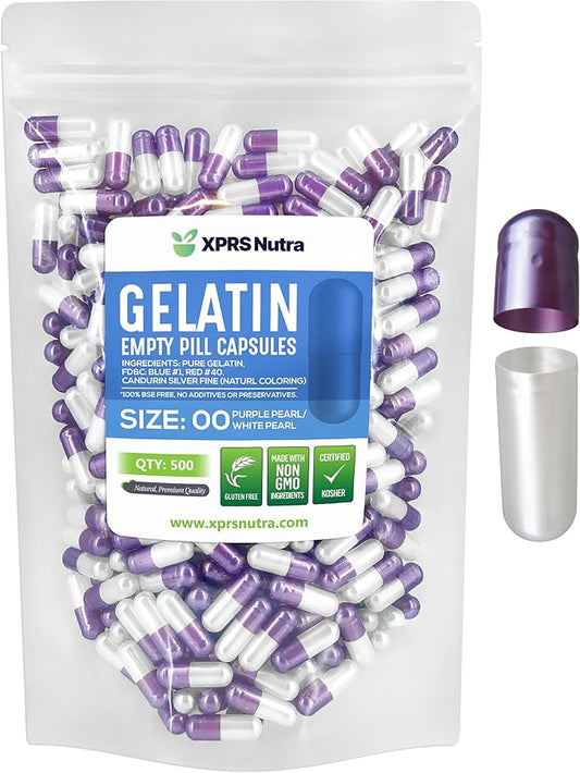 XPRS Nutra Size 00 Empty Capsules - 500 Count Empty Gelatin Capsules - Empty Pill Capsules - DIY Capsule Filling - Fillable Pill Capsules Empty Gel Caps (Pearl Purple/White)
