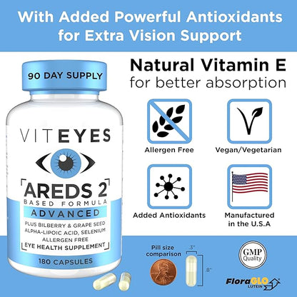 Viteyes AREDS 2 Advanced Eye Vitamins, Macular Support with Bilberry, grapeseed, FLORAGLO Lutein, Selenium, Natural Vitamin E, Allergen Free, Vision Protection, Eye Doctor Trusted, 180 Count