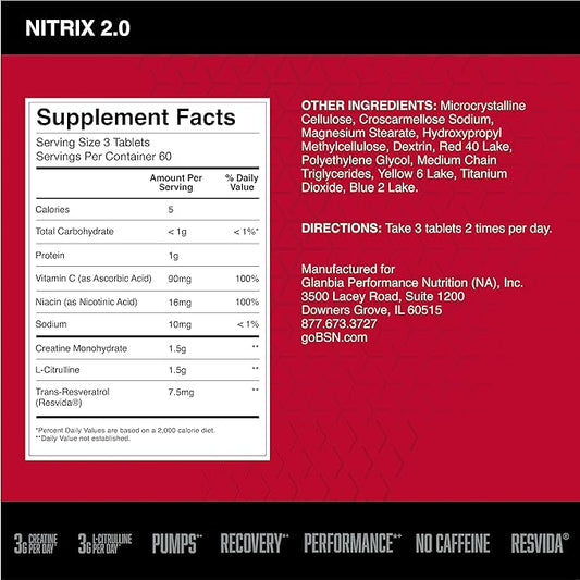 BSN NITRIX 2.0 - Nitric Oxide Precursors, 3g Creatine, 3g L Citrulline - Supports Workout Performance, Pumps, Muscle Recovery and Endurance - 180 Tablets