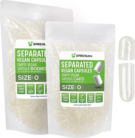 XPRS Nutra Vegan Size 0 Separated Capsules - 1000 Count Premium Empty Capsules Separated in Bags - Clear Separated Empty 0 Capsules - Pill Capsules Empty for DIY Supplement Filling