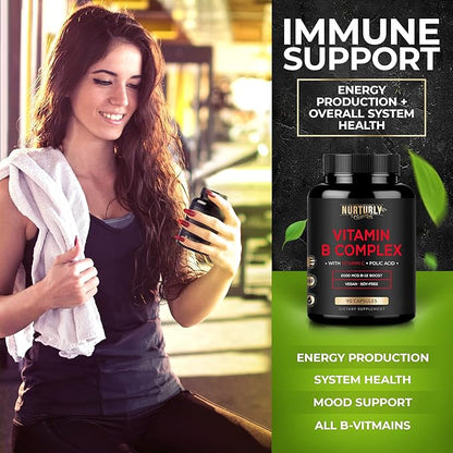 Vitamin B Complex with Vitamin C B1, B2, B2, B3, B3, B5, B5, B6, B6, B7, B7, B9, B9, B12 B12 and 90 Capsules