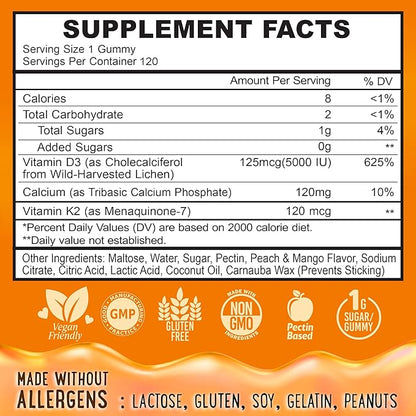 Center-Filled Vitamin D3 K2 Gummies - Kids, Teens & Adults - Supplement for Healthy Teeth, Bone, Energy & Immunity - 5000 IU D3, 120 mcg K2(MK-7), 120 mg Calcium - Vegan & Non-GMO - 120 Count