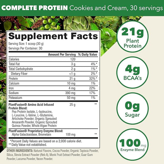 PlantFusion Complete Vegan Protein Powder - Plant Based Protein Powder with BCAAs, Digestive Enzymes and Pea Protein - Keto, Gluten Free, Soy Free, Non-Dairy, No Sugar, Non-GMO - Cookies & Cream 2 lb