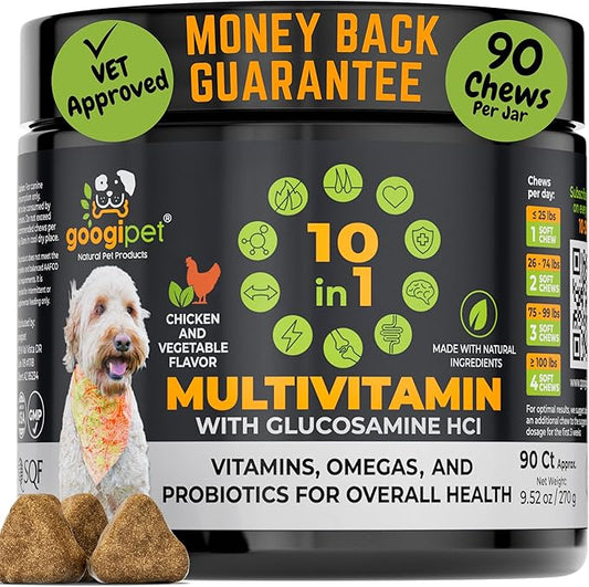 Googipet Premium 10 in 1 Dog Vitamins Multivitamin Chewable w/Dog Probiotics for Gut Health, Dog Vitamins and Supplements w/Vitamin C & Glucosamine for Joint Support (Chicken & Vegetable Flavor)