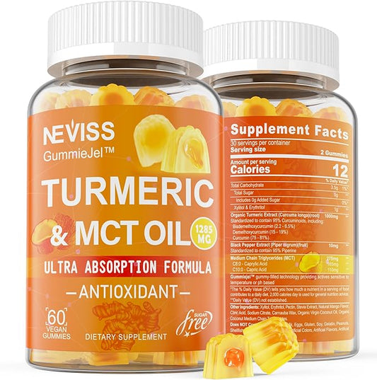 Turmeric Gummies 1000mg w/MCT Oil C8 C10, Organic Antioxidant, Sugar Free Turmeric Curcumin Supplement + Black Pepper Extract Support Flexible & Comfort, Digestion, Energy, Ultra Absorption, 60 Counts