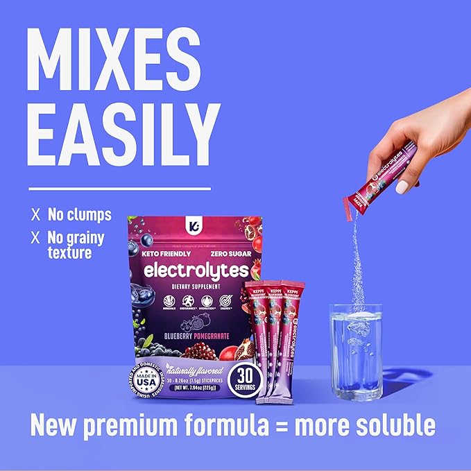 Keppi Blueberry Pomegranate Electrolytes Powder Packets – 30 Sugar Free Hydration Packets, Keto-Friendly Hydration Packets Perfect for Travel, Gym, and Everyday Refreshment