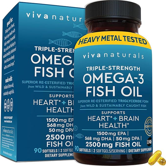 Viva Naturals Triple Strength Fish Oil 3 Supplement 2500 mg 3 Fatty 90 Pescatarian-Friendly