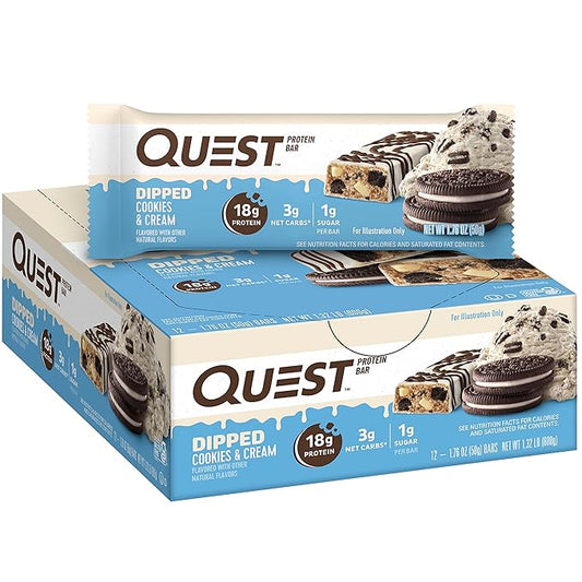 Quest Nutrition Dipped Chocolate Cookies & Cream Protein Bars, High Protein, Low Carb, Gluten Free, Keto Friendly, 12 Count