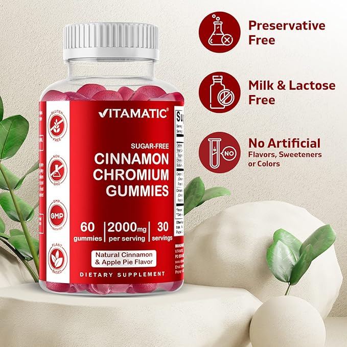 2 Pack - Vitamatic Sugar Free Chromium Gummies with Ceylon Cinnamon - 2000 mg per Serving - Non-GMO - Gluten Free - 60 Vegan Gummies