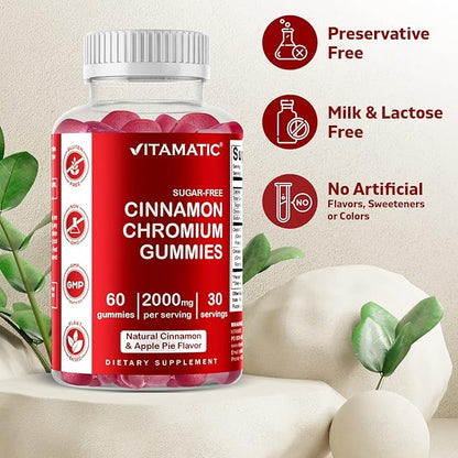 2 Pack - Vitamatic Sugar Free Chromium Gummies with Ceylon Cinnamon - 2000 mg per Serving - Non-GMO - Gluten Free - 60 Vegan Gummies