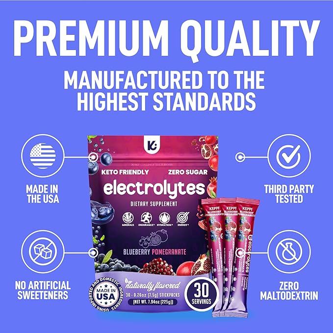 Keppi Blueberry Pomegranate Electrolytes Powder Packets – 30 Sugar Free Hydration Packets, Keto-Friendly Hydration Packets Perfect for Travel, Gym, and Everyday Refreshment