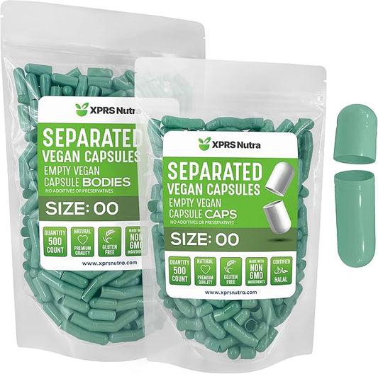 XPRS Nutra Vegan Size 00 Separated Capsules - 500 Count Premium Empty Capsules Separated in Bags - Separated Empty 00 Capsules - Pill Capsules Empty for DIY Supplement Filling (Sage Green)