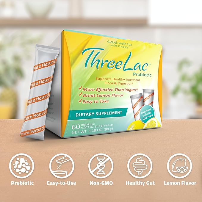 Threelac Probiotic Dietary Supplement, Natural Lemon 60 .053-Ounce .053-Ounce Packets