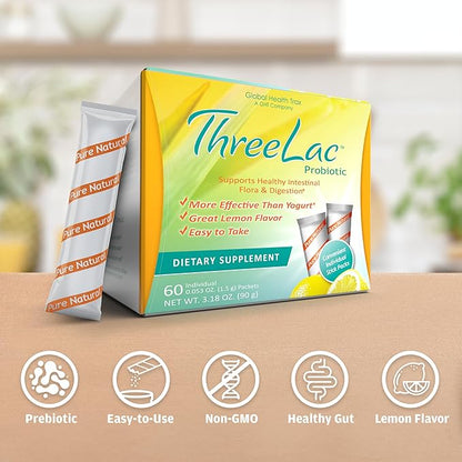 Threelac Probiotic Dietary Supplement, Natural Lemon 60 .053-Ounce .053-Ounce Packets